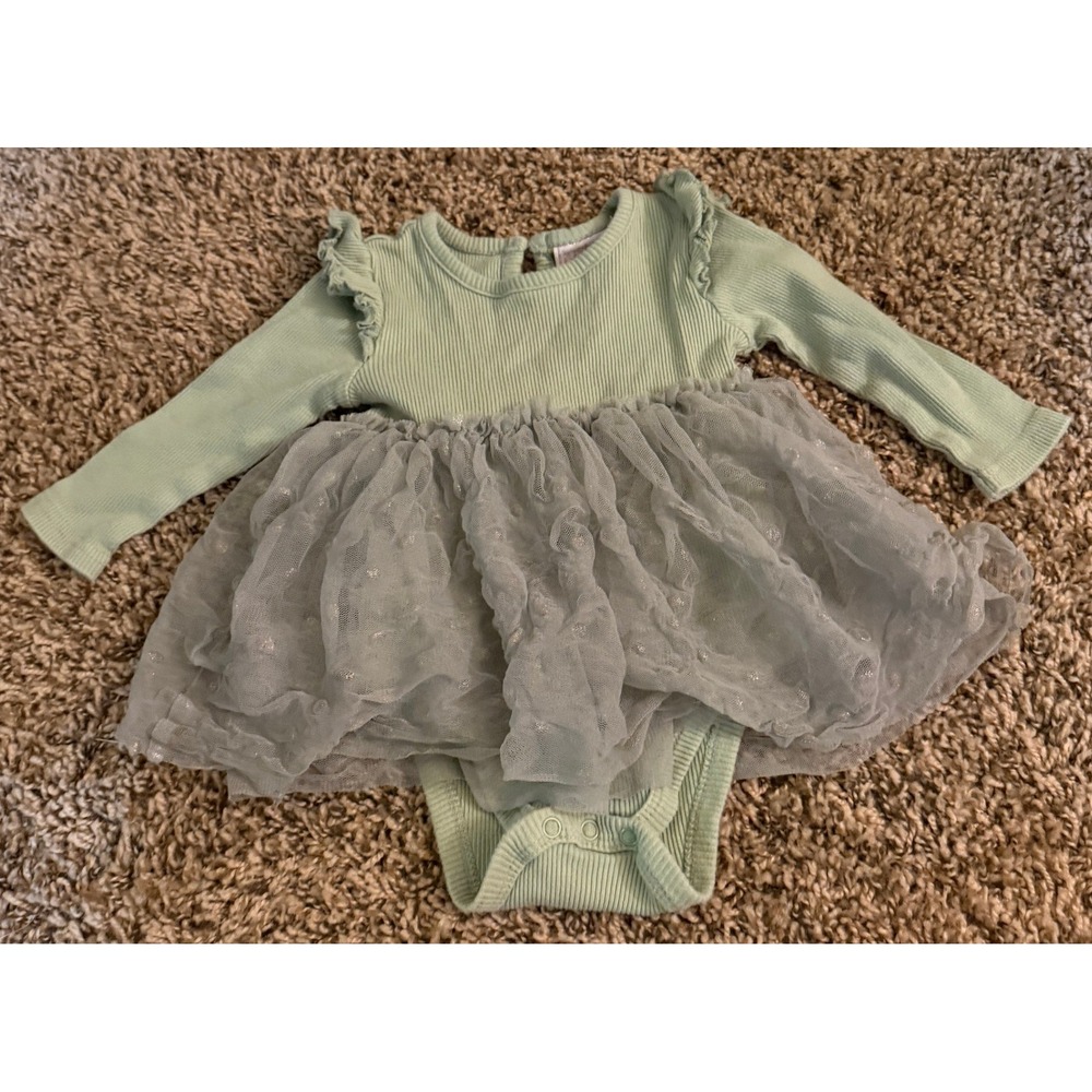 Just Lizzy Sage Green Ribbed Tutu Bodysuit Glitter Tulle Dress 12M